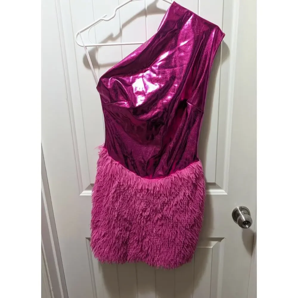 One Shoulder Metallic Feather Hem Cocktail Party Mini Dress Fuchsia Pink Size XS